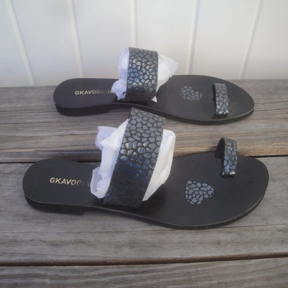 Gkavogiannis Sandals Made in Greece Flat Blue with toe ring Size 41=8-8.5 - Picture 2 of 5